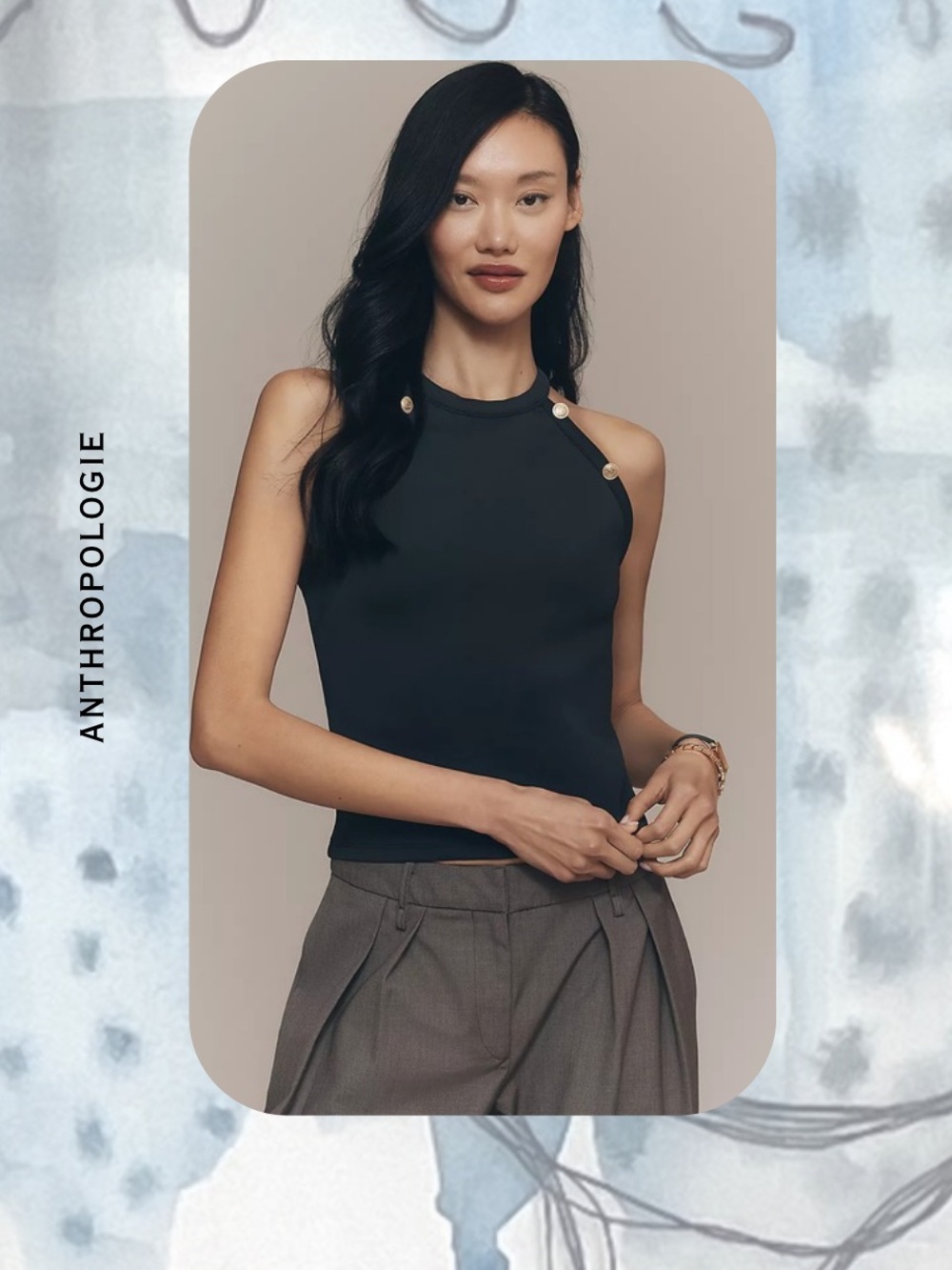 Maeve Anthropologie Black High Neck Tank Top with Gold Accent Buttons